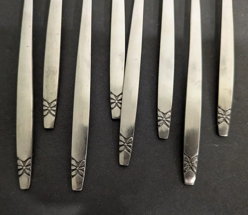 Vintage Atomic Floral Iced Tea Spoons Set Of 8 MCM Stainless Steel Korea Retro